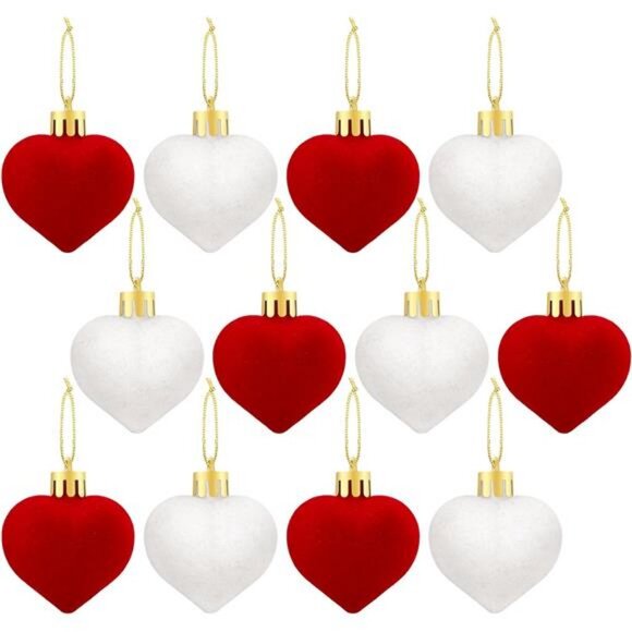 Other - 12 Pcs Valentine‘s Day Velvet Heart Ornaments Red White Heart Shaped Baubles